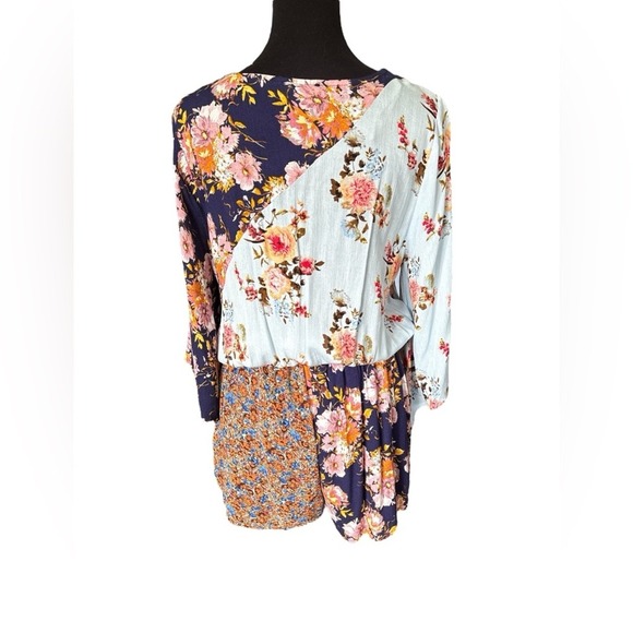 Umgee Blue Floral Patchwork Romper With Pockets, Size Medium, Cottagecore, Boho - Picture 3 of 5